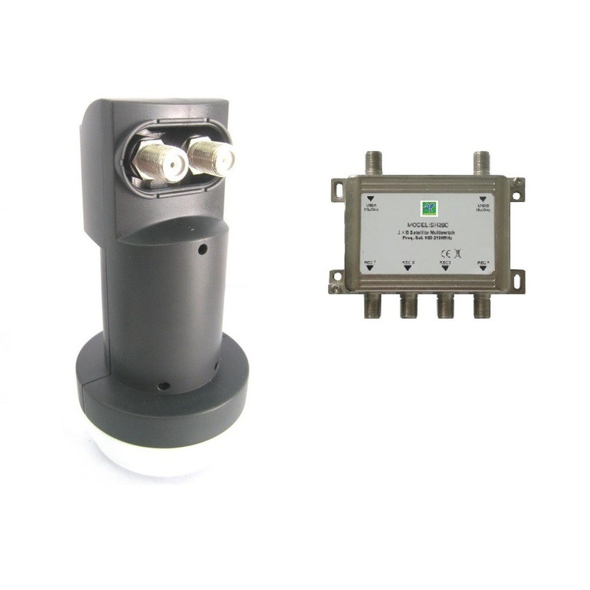 หัว LNB Universal สำหรับ จาน Ku band แบบ 2 ขั้ว  พร้อม  Multi Switch 2x4 สำหรับดูเครื่องรับดาวเทียม 