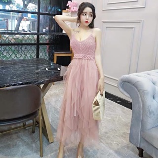 🔥 🔥SALES ลดราคาจาก 490฿🔥 เดรสฟรุ้งฟริ้งสายเดี่ยว ถักไหมพรมช่วงอก