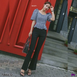GN6632 Set เสื้อลายสก็อตคอกว้างแขนตุ๊กตา + กางเกงขายาว