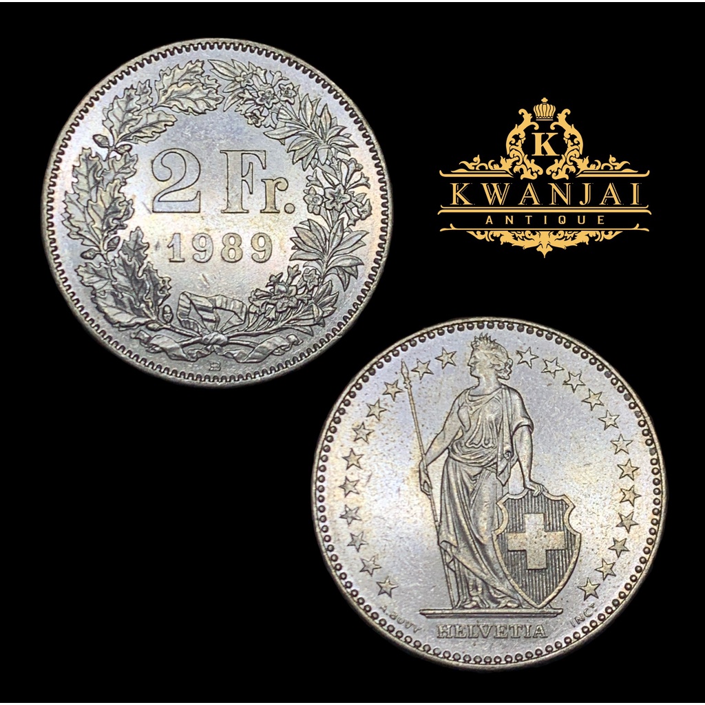 เหรียญ 2 ฟรังก์สวิส ปี 1989 เนื้อทองแดงผสมนิคเกิล