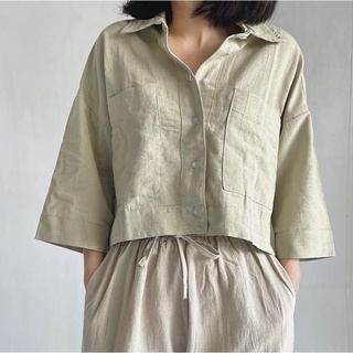 Kemeja Crop Linen Pocket / Kemeja Outer Crop Linen / Oversized Shirt Linen / Atasan Wanita