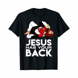 tshirtเสื้อยืดคอกลมฤดูร้อนเสื้อยืดลําลอง แขนสั้น พิมพ์ลาย Brazilian Jiu Jitsus Christian Jesus Has Your Back สไตล์สปอร์ต