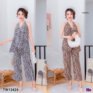 TwinsShopVip💗พร้อมส่ง TW13424 Set 2 ชิ้น เสื้อผูกคอ+กางเกงขายาวพิมพ์ลายม้าลาย