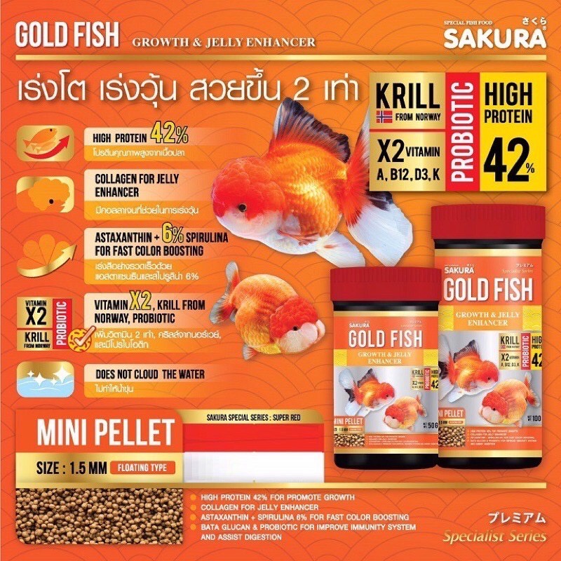 (จัดส่งเร็ว) SAKURA GOLD FISH GROWTH&JELLY ENHANCE 50g ,100 g.(อาหารปลาทองสูตร เร่งโต เร่งวุ้น)