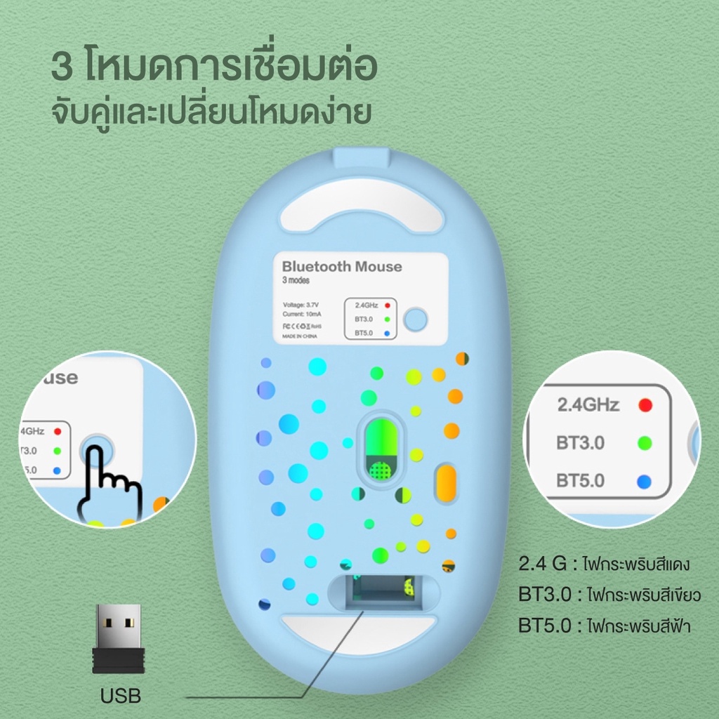 เม้าส์ไร้สาย IWACHI I2 เม้าส์บลูทูธ รองรับ 2.4G BT4.0/BT5.0 ไร้เสียงรบกวน แบตเตอรี่ในตัว 500mAh
