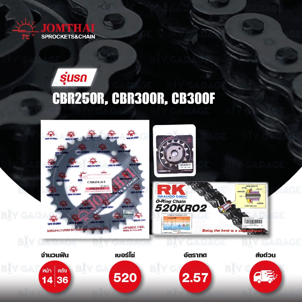 ชุดเปลี่ยนโซ่-สเตอร์ Pro Series โซ่ RK 520-KRO และ สเตอร์ JOMTHAI สีดำ สำหรับ Honda CBR250R CB300F C