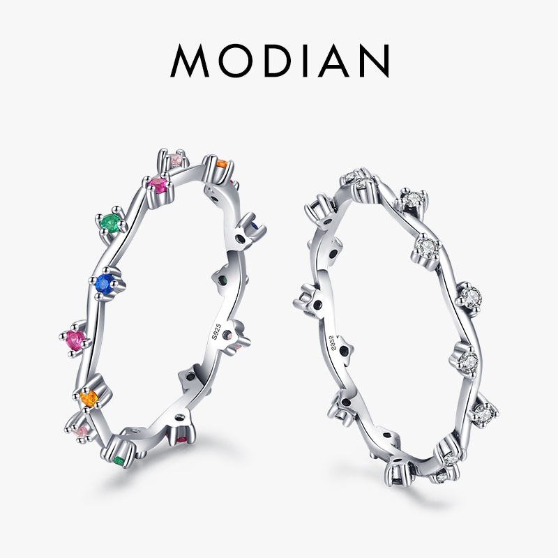Modian แหวนเงินแท้ 925 ประดับเพทาย คริสตัล สีรุ้ง หลากสี เครื่องประดับแฟชั่น สําหรับผู้หญิง