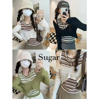 Sugar 🌈พร้อมส่ง🌈ชุดเซ็ต เสื้อแขนกุด+เสื้อคลุมแขนยาว ผ้าไหมพรมร่อง ลายทาง งานตามหา(M1508)