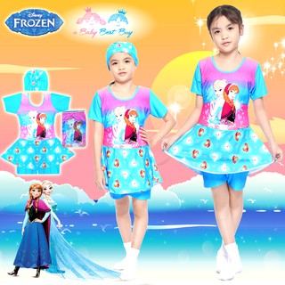 ชุดว่ายน้ำเด็กผู้หญิง Disney Frozen บอดี้สูทเสื้อแขนยาวกระโปรงกางเกง สีชมพู/ฟ้า มาพร้อมหมวกว่ายน้ำและถุงผ้า