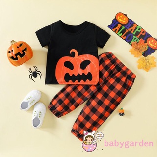 Babygarden- เสื้อยืดคอกลม แขนสั้น พิมพ์ลายฟักทอง และกางเกง ลายสก๊อต สําหรับเด็กผู้ชาย และผู้หญิง อายุ 6 เดือน 5 ปี 2 ชิ้น