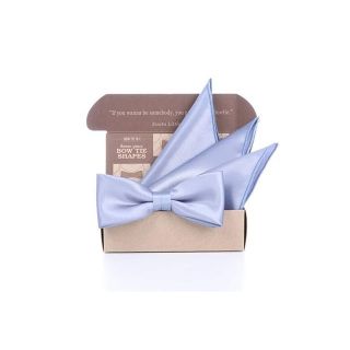 เซ็ทหูกระต่ายและผ้าเช็ดหน้าสูทสีเทาอ่อนอมฟ้า-Light Greyish Blue Silk Satin Bowtie set