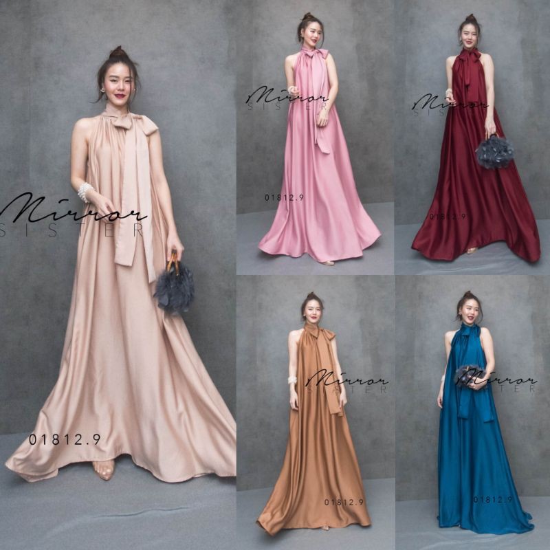🏷️Mirrorsister #01812.9 แมกซี่เดรสแขนกุดผูกคอโบว์ ชุดออกงาน ชุดเพื่อนเจ้าสาว เดรสซาติน เรียบหรู