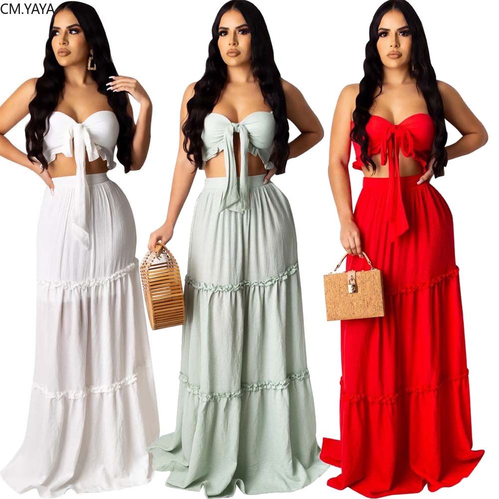 Cm Yaya Women Solid Beach Bohemian Maxi Dress Bow Strapless Crop Top