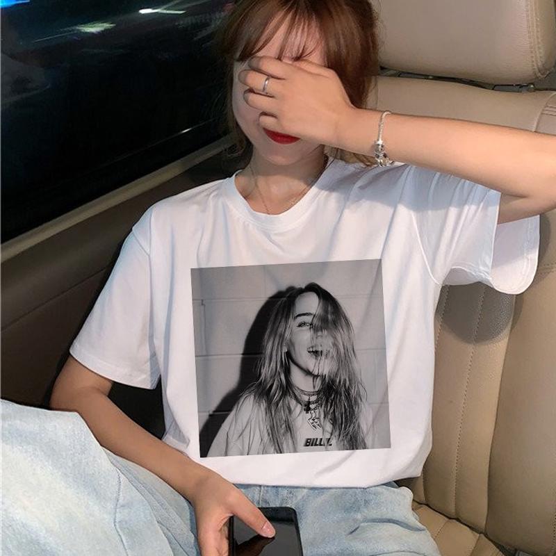 Billie Eilish เสื้อยืดลําลองแฟชั่นสําหรับสตรีแขนสั้นสีพื้นเสื้อยืด