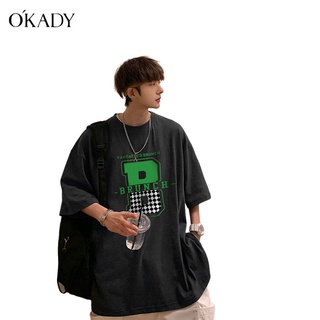 OAKDY เสื้อผ้าผู้ชาย เสื้อยืดผู้ชายฤดูร้อนใหม่พิมพ์รอบคอครึ่งแขนสไตล์ถนนหลวมนักเรียนแขนสั้น เสื้อยื้ด