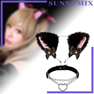 2x Cat Ears Headband and Leather Heart Choker Necklace for Anime Party