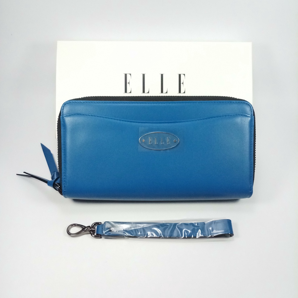 ELLE (EL484) กระเป๋าสตางค์ผู้หญิงใบยาว สีน้ำเงิน ซิปรอบ ซิปสองช่อง หนังแท้ มีสายคล้องมือ โลโก้กลมรี ของแท้100%