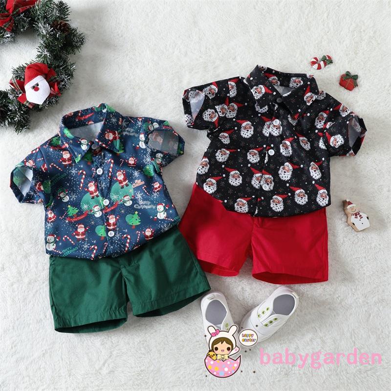 Babygarden-1-5 ปี ชุดเสื้อเชิ้ต แขนสั้น คอปก พิมพ์ลายซานต้าคลอส และกางเกงขาสั้น สีพื้น สําหรับเด็กผู้ชาย 2 ชิ้น