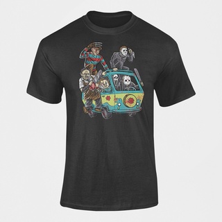 เสื้อยืดหนัง พิมพ์ลาย Surprise Freddy Michael Myers Face Chucky Scream And Mystery Machine สําหรับผู้ชาย