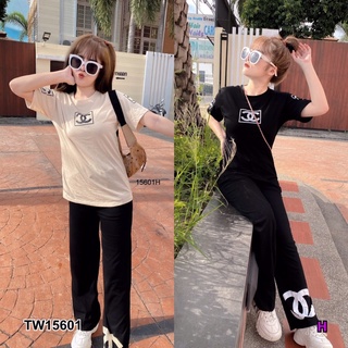 TW15601  Set 2 ชิ้น เสื้อยืดผ้าคอตตอนแขนสั้น สกรีนลาย มาพร้อมกางเกงขายาว เอวยืดสม็อคผ้าคอตตอน ปลายขากางเกงสกรีนลายแบรนด์