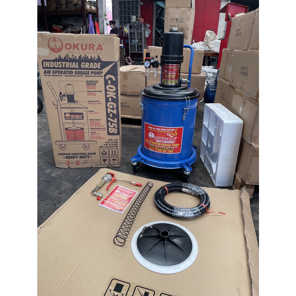 🔥โค้ดINC3LEL3ลด30฿ถังอัดจารบีลม 45 ลิตร Air Operated Grease Pump ยี่ห้อ OKURA รุ่น C-OK-GZ-75B
