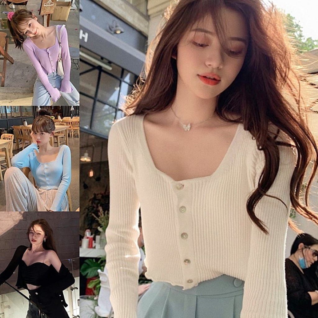 ราคาถูกที่สุด เสื้อครอปไหมพรมแขนยาว ทรงคอเหลี่ยม มีกระดุมหน้า 4 สี