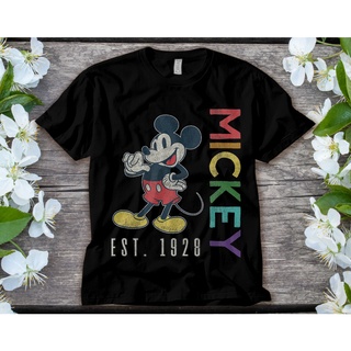 ROUNDคอลูกเรือNeckเสื้อยืด พิมพ์ลาย Disney Mickey Mouse est 1928 สีรุ้ง สําหรับผู้ชาย และผู้หญิง-4XL