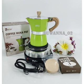 Mokapot 3 cup เซตพร้อมใช้งาน ได้ หม้อต้มกาแฟสด​3cup ZBOSS, กระดาษกรอง, เตาฮอทเพทไฟฟ้า 500วัตต์