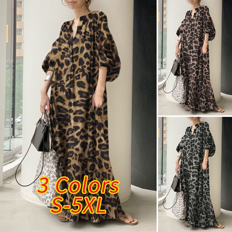 Zanzea ชุดเดรสสําหรับสตรีแขนสามส่วนพิมพ์ลายเสือดาวทรงหลวม