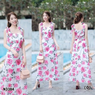 Maxi dress ลายกุหลาบชมพูผูกไหล่ ดีเทลแต่งย่นช่วงหน้าอก ตัดต่อขอบเอว