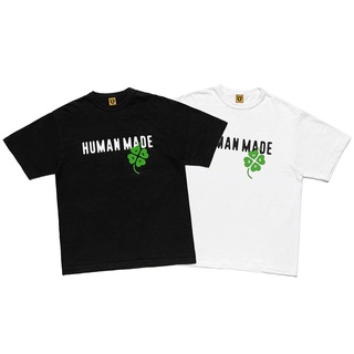 【Hot】เสื้อยืดแขนสั้น ผ้าฝ้าย พิมพ์ลายตัวอักษร HUMAN MADE Green Lucky Clover สําหรับผู้ชาย และผู้หญิง