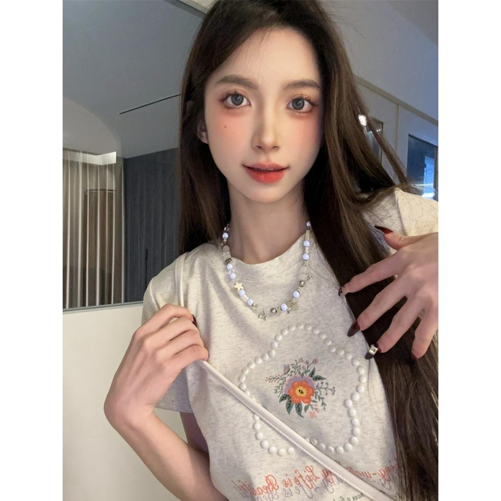 Solovely สไตล์เกาหลี เสื้อผู้หญิง งานปัก คอกลม แขนสั้น เสื้อยืด