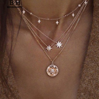 broadhappy Boho ผู้หญิงหลายชั้นเพิร์ลเทียมดาวจี้สร้อยคอโซ่ สร้อยคอ minimal