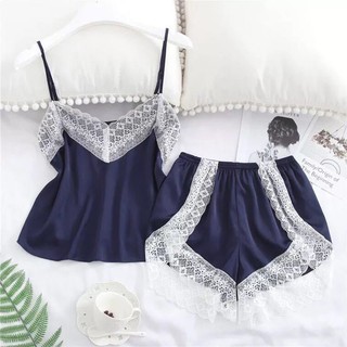 Soft ❤Womens Summer Silk Lace Satin Sling Simulation Casual Sleepwear Set