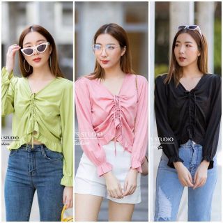 พร้อมส่ง‼️FS-49-PAเสื้อครอปสั้นรูดเชือกหน้า‼️ทรงสวย