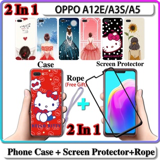 2 IN 1 เคส OPPO A12E A3S A5 เคส พร้อมกระจกนิรภัยโค้ง ป้องกันหน้าจอ เซรามิค สําหรับเด็กผู้หญิง และคิตตี้