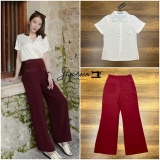 Showroom Brand : Burgundy Pant Co ord set  เซ็ตเสื้อเชิ้ตแขนสั้นกระดุมหน้า + กางเกงขายาว