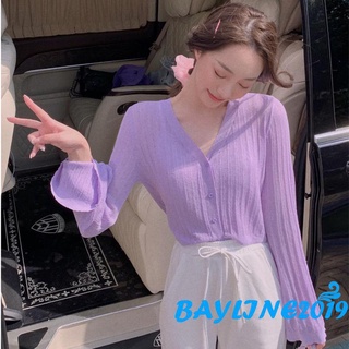 Bay-เสื้อคาร์ดิแกนแขนยาวคอวีผ้าถักทรงหลวมสําหรับผู้หญิง