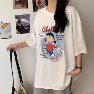 เสื้อยืดสีขาวWomen Korean Cartoon Snoopy Lydia Printed Bigsize Short Sleeve Ulzzang T-Shirts