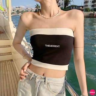 🎀Korean Fashion🎀เสื้อเกาะอกลาย THEMOMENT ไหมพรมสีดำแต่งขอบขาว