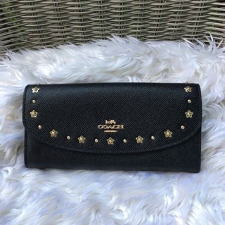 SLIM ENVELOPE WALLET WITH FLORAL RIVETS (COACH F38675) BLACK/LIGHT GOLD