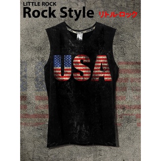 เสื้อยืด แขนกุด Little Rock Rock Style ลาย USA ผ้าดำฟอก cotton 100 ใส่สบาย นุ่ม มีหลายขนาดถึงใหญ่มาก