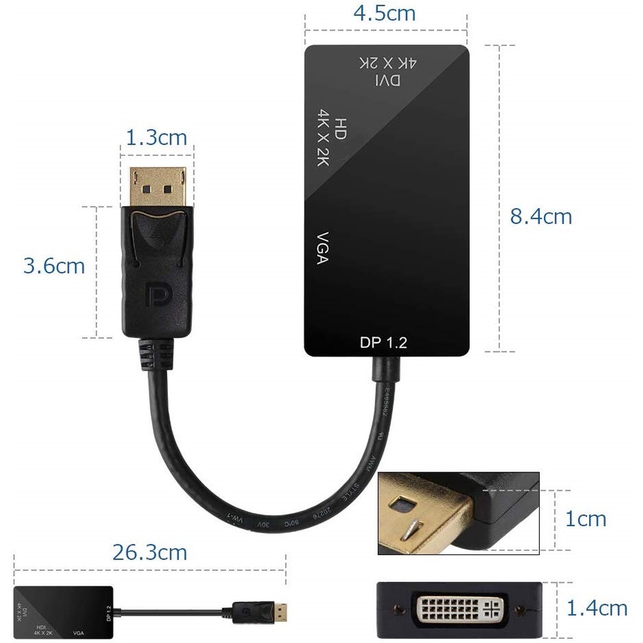 Displayport Dp to HD/DVI/VGA Male to Female 3-in-1 Adapter Converter Cable (Black)