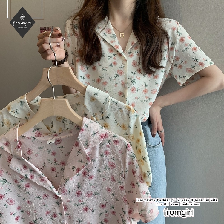 ฤดูร้อนใหม่เสื้อเชิ้ตแขนสั้นแฟชั่นลายดอกไม้หลวม ๆ