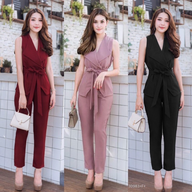 TwinsShopVip พร้อมส่ง TW10983 Set เสื้อสูทแขนกุด + กางเกงขายาว + สายผูก