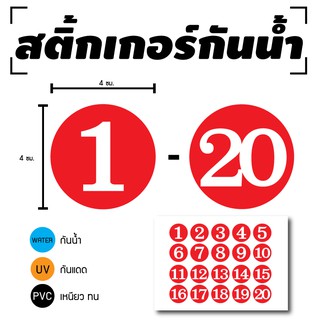 STICKER สติกเกอร์ สติ้กเกอร์กันน้้ำ ติดประตู,ผนัง,กำแพง (ป้ายตัวเลข 1-20) พื้นแดงเลขขาว 1 A4 ได้รับ 20 ดวง [รหัส D-053]