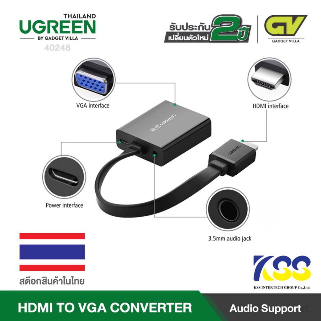 UGREEN 40248 หัวปลั๊กแปลงสัญญาณ HDMI to VGA มี Audio และ Micro USB เพื่อเพิ่มกระแสไฟ / HDMI to VGA Converter cable power