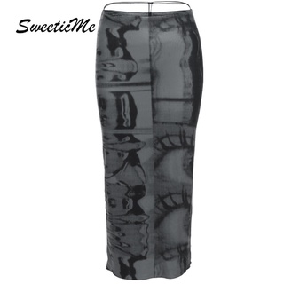 Sweeticme กระโปรง พิมพ์ลาย สีตัดกัน แฟชั่นใหม่ สําหรับผู้หญิง 2022