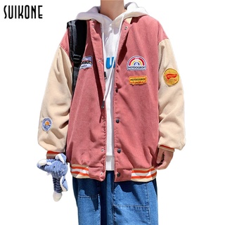 Suikone 【COD】เสื้อแจ็คเก็ตผู้ชาย ฤดูใบไม้ร่วงใหม่แจ็คเก็ตแฟชั่นผ้าลูกฟูกแจ็คเก็ตหลวมแนวโน้มการพิมพ์เวอร์ชั่นเกาหลี ins เสื้อคู่