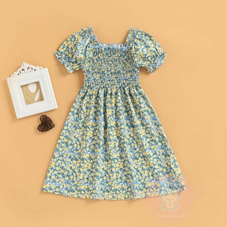 LAA6-Toddler Girls Sweet Dress,Short Sleeve Ruched High Waist Flared Hem Floral Print Dresses